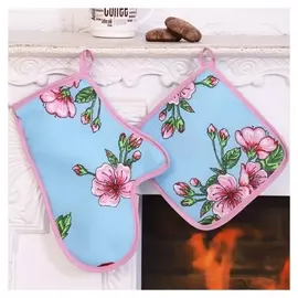 Набор кухонный вишня 077 (Варежка+прихватка), голубой, хл, вафля