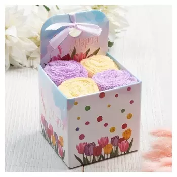 Набор махровых полотенец «8 марта» 30х30 см - 4 шт, 100% хлопок 340 гр/м2