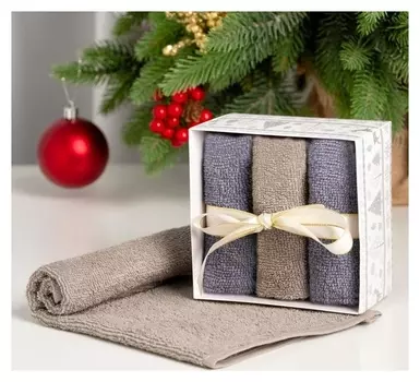 Набор махровых полотенец этель "Снежинки" 30х30 см - 3 шт, хлопок 340гр/м2