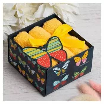 Набор махровых полотенец "Бабочки" 30х30 см - 3 шт, хлопок 340гр/м2