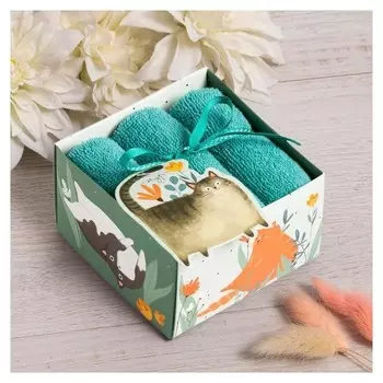 Набор махровых полотенец "Котики" 30х30 см - 3 шт, хлопок 340гр/м2