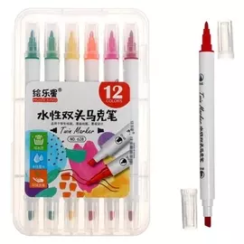 Набор маркеров 12 цветов, двусторонние, пулевидный и скошенный наконечники