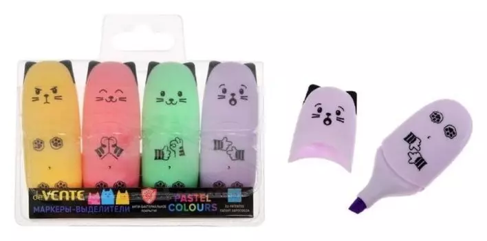 Набор маркеров текстовыделителей 4 цвета Pastel, 5.0 мм, Devente Kitty (Пастельные цвета), мини-корпус с антибактериальным покрытием, в пластиковой упаковке