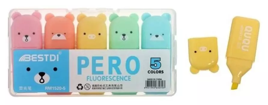 Набор маркеров текстовыделителей 5 цветов мини зверьки