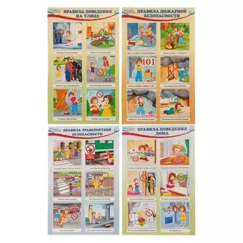 Набор мини-плакатов Уроки безопасности для детей 4 листа, текст на обороте, А4