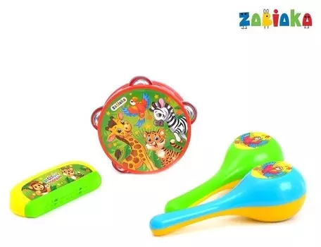 Набор музыкальных инструментов "Весёлый зоопарк": бубен, 2 маракаса, губная гармошка