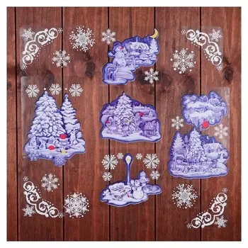 Набор наклеек на окна "Новогодний" зимние пейзажи, 24 х 37 см