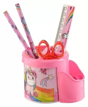Набор настольный детский Единорог Подставка с дополнительным отсеком + 2 карандаша + линейка + точилка + ластик + блокнот 8 листов + ножницы