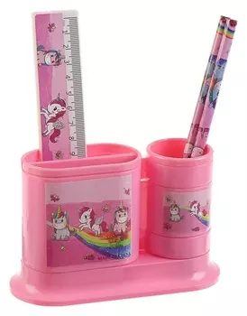 Набор настольный детский Единороги подставка + 2 карандаша + линейка + точилка + ластик + блок 8 листов