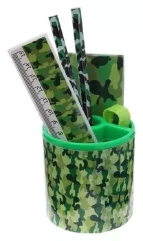 Набор настольный детский "Милитари" (Подставка + 2 карандаша + линейка + точилка + ластик + блокнот 8 листов)