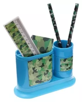 Набор настольный детский "Милитари" (Подставка + 2 карандаша + линейка + точилка + ластик + блокнот 8 листов)