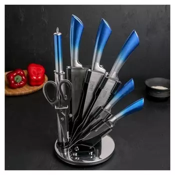 Набор ножей «Иллюзия»: лезвия 8 / 11,5 / 17 / 20 / 20 см, мусат, ножницы, цвет синий
