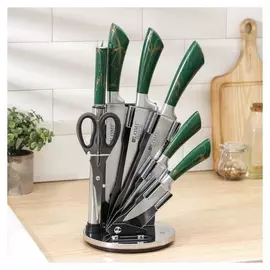 Набор ножей на подставке «Молния», 5 шт, в комплекте с ножницами и мусатом, цвет зелёный