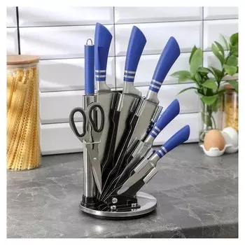 Набор ножей Omega: 5 ножей в подставке,лезвие 8/12,5/19,5/20/20, ножницы, мусат, цвет синий