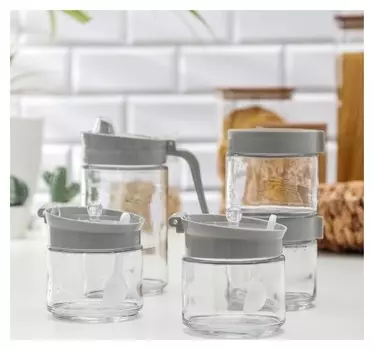 Набор ёмкостей для сыпучих продктов с кувшином для масла «Модерн», 5 шт, цвет серый