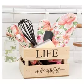Набор подарочный Life Is Beautiful: полотенце,варежка-прихватка,кухонная лопатка,венчик,губка