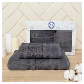 Набор полотенец в коробке пейсли, размер 50х90+70х130 см, цвет графит, махра, 450 г/м, 100% хлопок