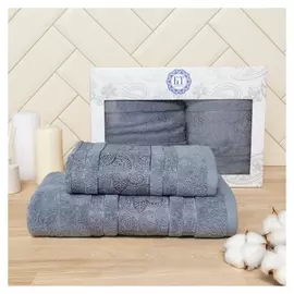 Набор полотенец в коробке пейсли, размер 50х90+70х130 см, цвет светло-серый (Жемчуг), махра, 450 г/м, 100% хлопок
