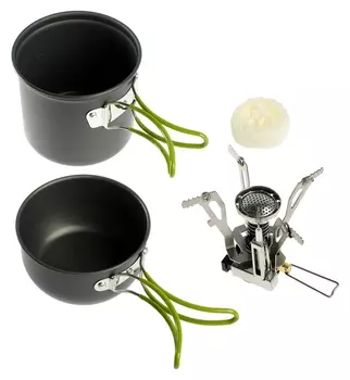 Набор посуды туристический + газовая плита, 2 кастрюли, губка-люфа