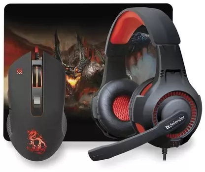 Набор проводной игровой Defender Devourer Mhp-006, гарнитура, мышь 5 кнопок + 1 колесо-кнопка, коврик, черный, 52006