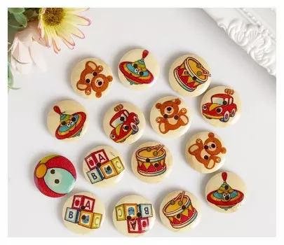 Набор пуговиц декоративных дерево "Детские игрушки" набор 15 шт 2,3х2,3 см