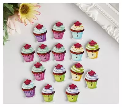 Набор пуговиц декоративных дерево "Пирожное с вишенками" набор 15 шт 2,5х1,7 см