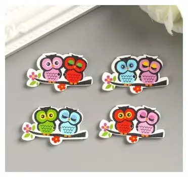 Набор пуговиц декоративных дерево "Совята на ветке" (набор 8 шт) 2х3,5 см