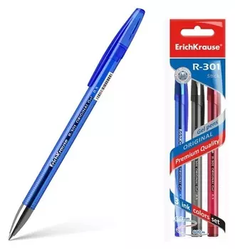 Набор ручек гелевых 3 цвета R-301 Original Gel, узел 0.5 мм, чернила: синие, чёрные, красные, длина линии письма 600 метров, европодвес