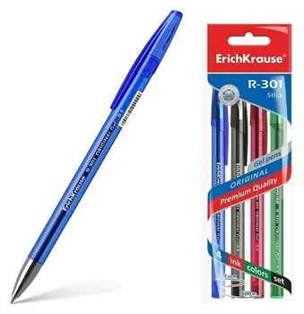 Набор ручек гелевых 4 цвета R-301 ORIGINAL Gel, узел 0.5 мм, чернила: синие, чёрные, красные, зелёные, длина линии письма 600 метров, европодвес