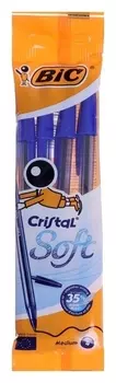 Набор ручек шариковых 4 штуки, BIC Cristal Soft, узел 1,2 мм, среднее письмо, чернила синие, корпус тонированный, подвес