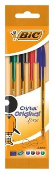 Набор ручек шариковых BIC Cristal Fine, 4 штуки, узел 0.8 мм, среднее письмо, чернила синие, чёрные, красные, зелёные, оранжевый корпус