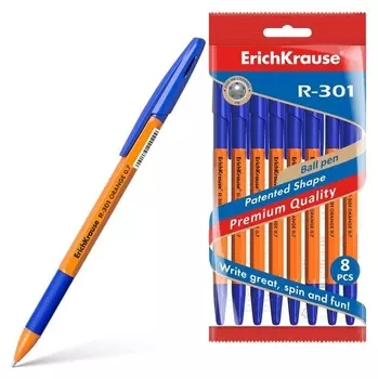 Набор ручек шариковых Erichkrause R-301 Orange Stick&amp;grip, 8 штук, узел 0.7 мм, цвет чернил синий, резиновый упор, корпус оранжевый