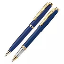 Набор ручка шариковая + роллер Pierre Cardin Pen&amp;pen, корпус латунь лакированная, отделка сталь с позолотой, узел 0.7 + 0.6 мм, чернила синие, синий