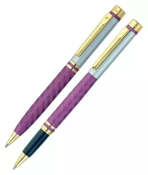 Набор ручка шариковая + роллер Pierre Cardin Pen&amp;pen, корпус латунь матовая, отделка никель и позолота, узел 0.7 мм, чернила синие, сиреневая
