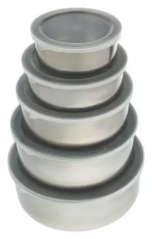 Набор салатников с крышками «Сталь», 5 шт: D=18 см (850 мл); 16 см (600 мл); 14 см (450 мл); 12 см (250 мл); 10 см (150 мл)