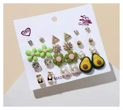 Набор серьги 12 пар "Цветочки" авокадик, цветные в золоте