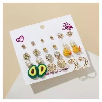 Набор серьги 12 пар "Вкусняшки" и цветочки, цветные в золоте