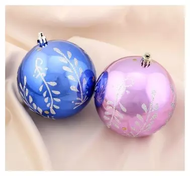 Набор шаров пластик D-10 см, 2 шт "Зимняя ветвь" синий и сиреневый