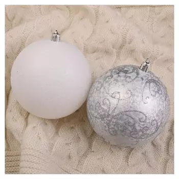 Набор шаров пластик D-10 см, 4 шт "Морозные узоры" серебристо-белый