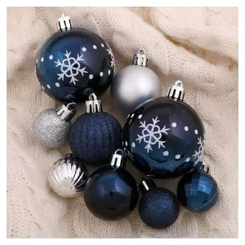 Набор шаров пластик D-3 см, D-4 см, D-6 см, 34 шт "Ночные снежинки" серебристо-синий