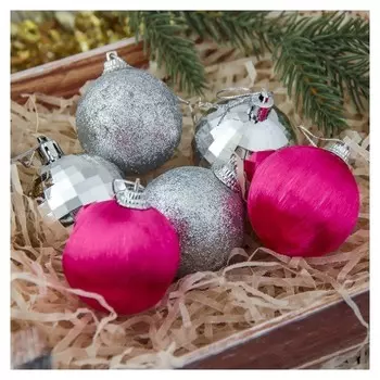 Набор шаров пластик D-4,5 см, 6 шт "Эриан" малиново-серебристый