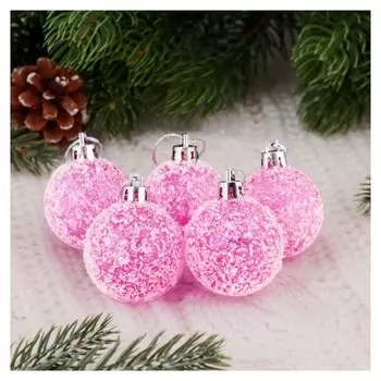 Набор шаров пластик D-4 см, 12 шт "Заснеженный" розовый