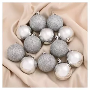 Набор шаров пластик D-5 см, 12 шт "Глянцевый блеск" серебро