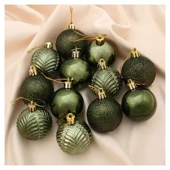 Набор шаров пластик D-5 см, 12 шт "Новогодние ветви" зелёный