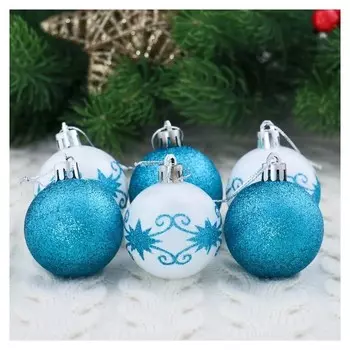 Набор шаров пластик D-5 см, 6 шт "Зимняя сказка" бело-голубой