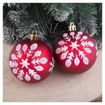 Набор шаров пластик D-6,5 см, 6 шт "Снежинка матовая" красный