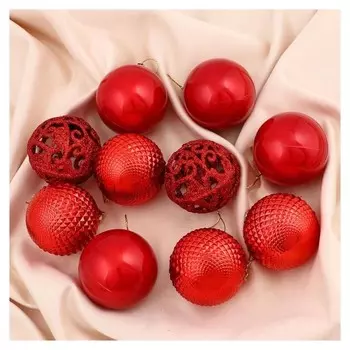 Набор шаров пластик D-6 см, 10 шт "Блеск ажура" красный