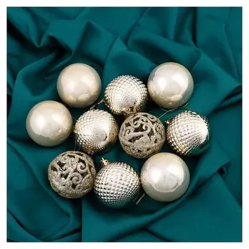 Набор шаров пластик D-6 см, 10 шт "Блеск ажура" золотой