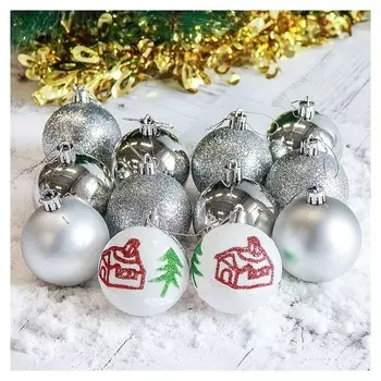 Набор шаров пластик D-6 см, 12 шт "Кьюзо" серебро