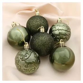 Набор шаров пластик D-6 см, 12 шт "Олень в кружевах" зелёный